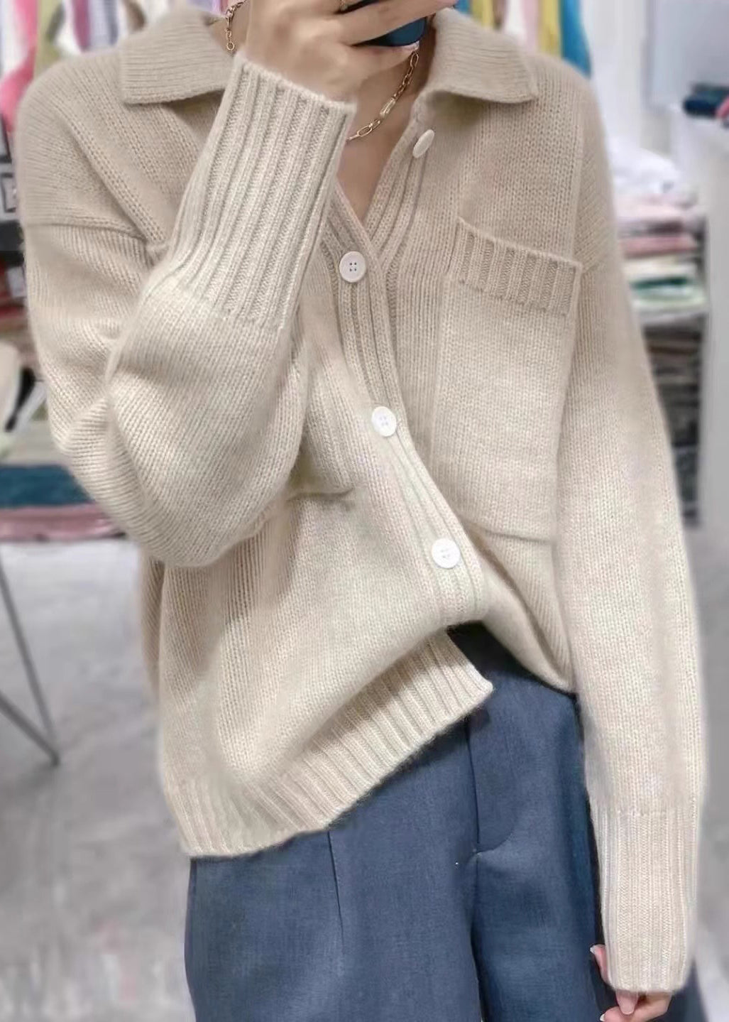 Beige Peter Pan Collar Button Thick Cashmere Knit Sweater Fall