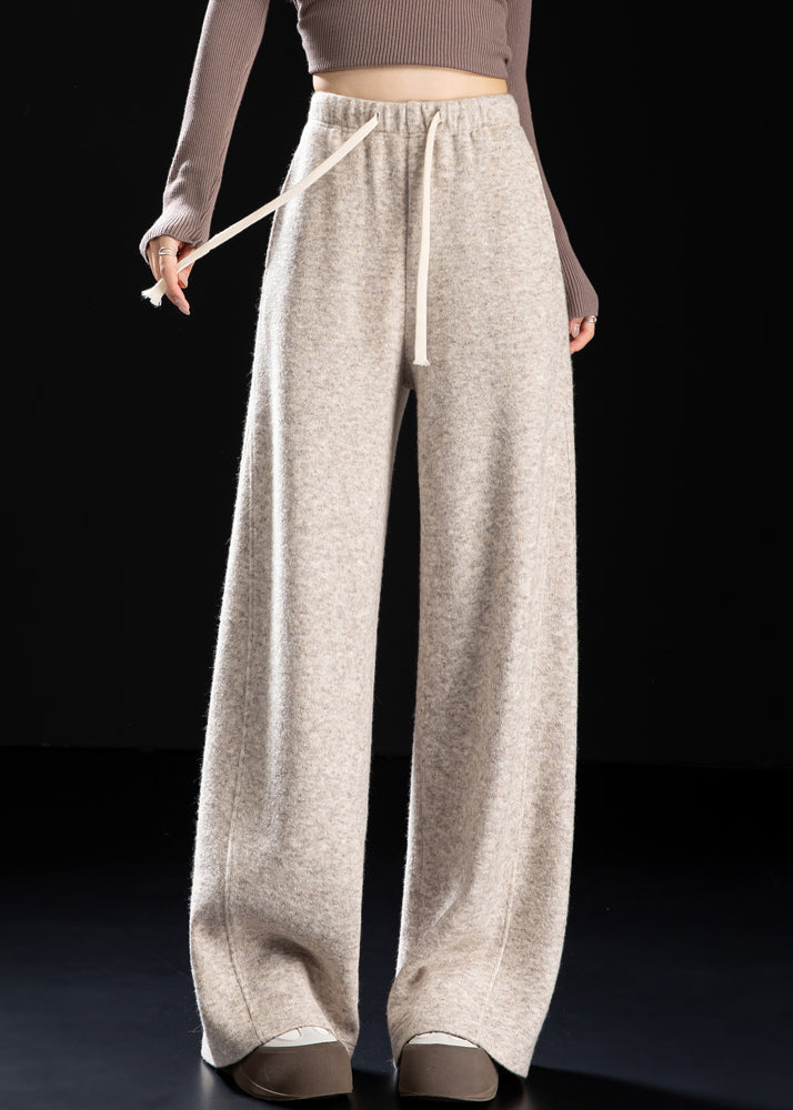 Beige Pockets Drawstring Woolen Pants Spring