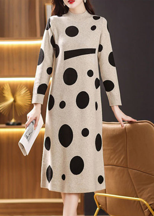 Beige Turtleneck Print Patchwork Knit Long Sweater Fall