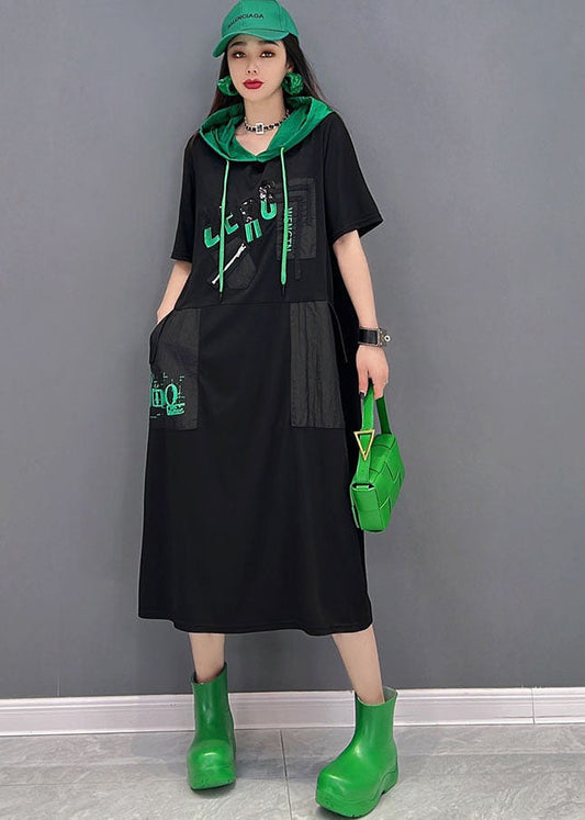 Black Colorblock Hooded Cotton Sweatshirts Dress Short Sleeve