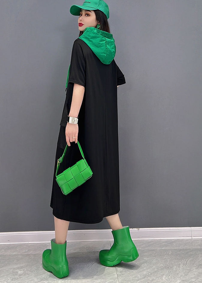 Black Colorblock Hooded Cotton Sweatshirts Dress Short Sleeve