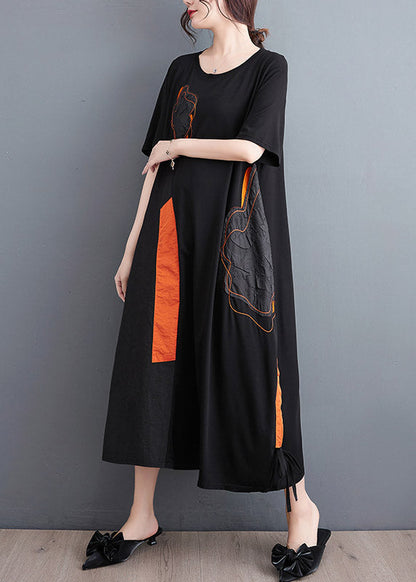 Black Embroideried Drawstring Long Dress Short Sleeve