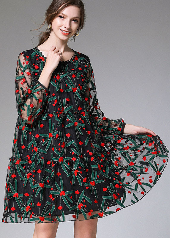 Black Embroideried Tulle Lace a Line Dress Long Sleeve