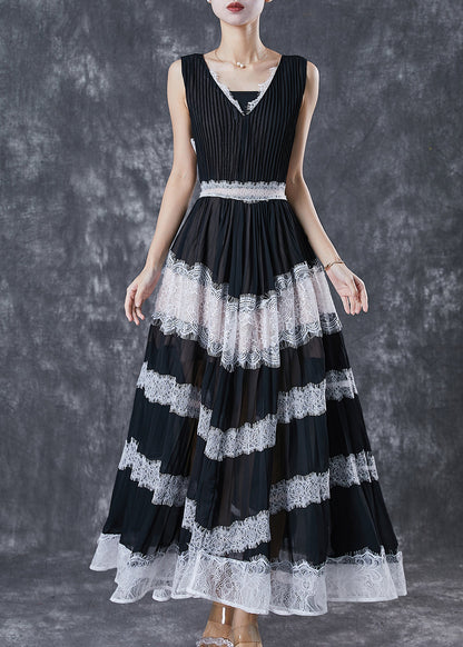 Black Exra Large Hem Patchwork Lace Linen Silk Pleated Dresses Sleeveless