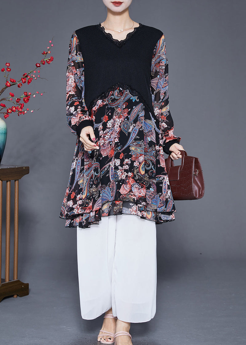 Black Heart Neck Patchwork Chiffon Knit Dresses Fall