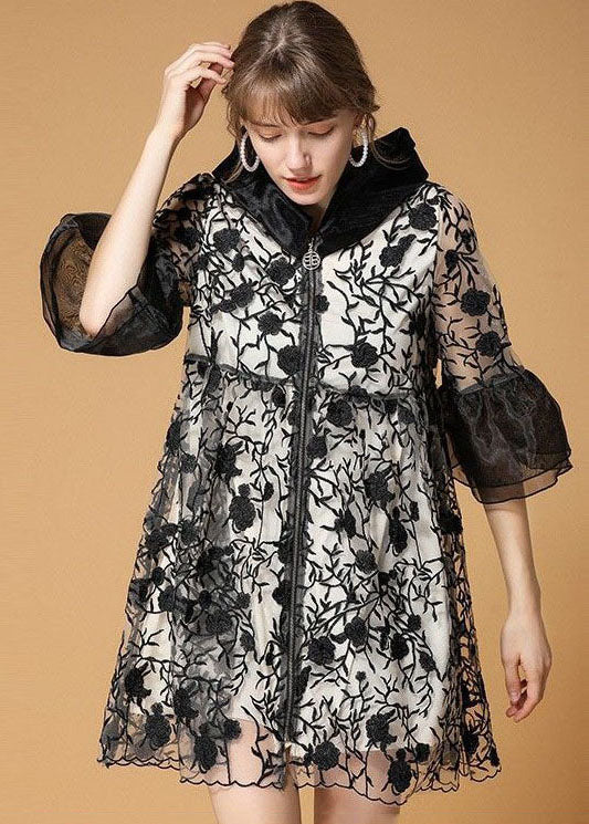 Black Hooded Embroideried Patchwork Organza Coats Half Sleeve
