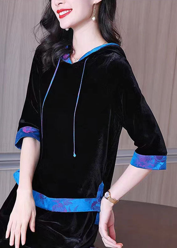 Black Hooded Patchwork Silk Velour Pullover Sweatshirt Half Sleeve