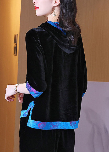 Black Hooded Patchwork Silk Velour Pullover Sweatshirt Half Sleeve