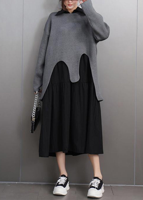 Black O-neck Asymmetrical Cotton Knitted Sweaters Fall