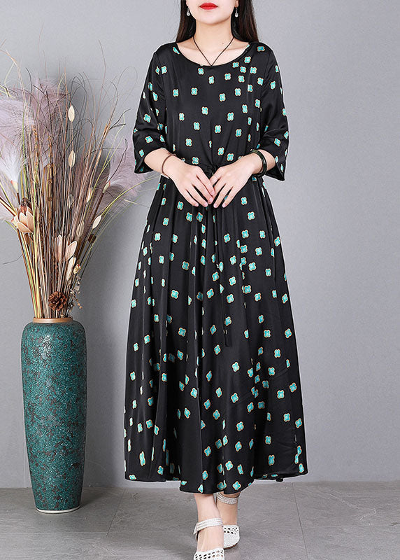 Black O-neck Print Drawstring Exra Large Hem Silk Cinch Dress Half Sleeve