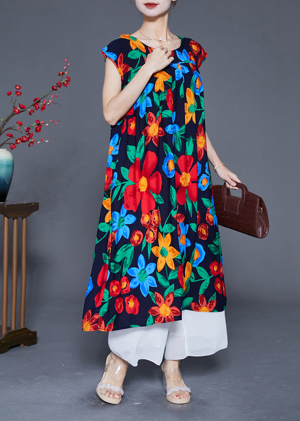 Black O-neck Print Cotton Maxi Dress Summer