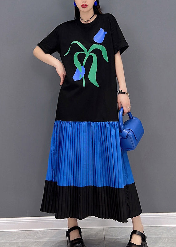 Black O-neck Print Patchwork Pleated Dress Short Sleeve