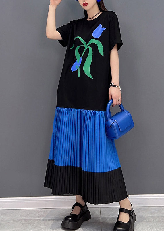 Black O-neck Print Patchwork Pleated Dress Short Sleeve