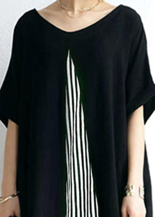 Black O-neck Striped Patchwork Cozy Maxi Dress Short Sleeve