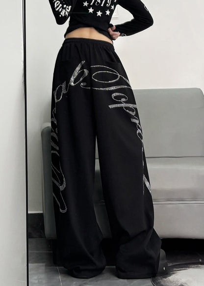 Black Oversized Letter Zircon Cotton Wide Leg Pants Spring