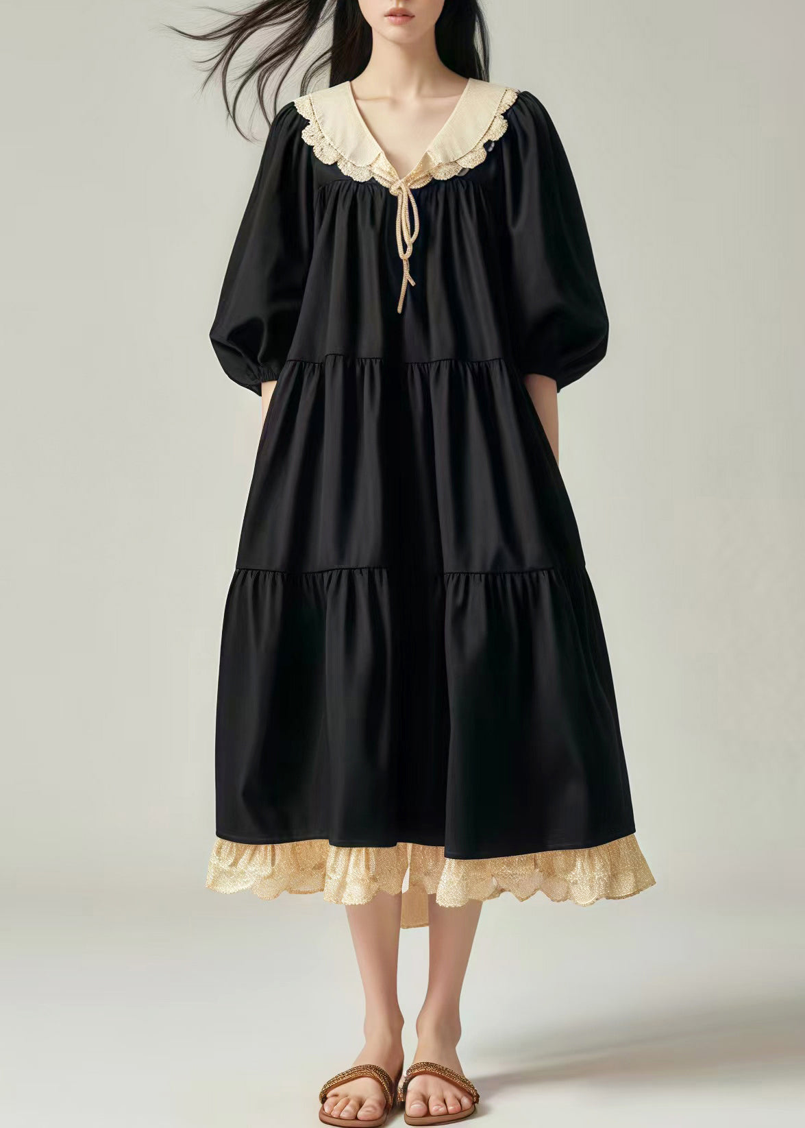 Black Oversized Patchwork Cotton Vacation Dresses Lantern Sleeve