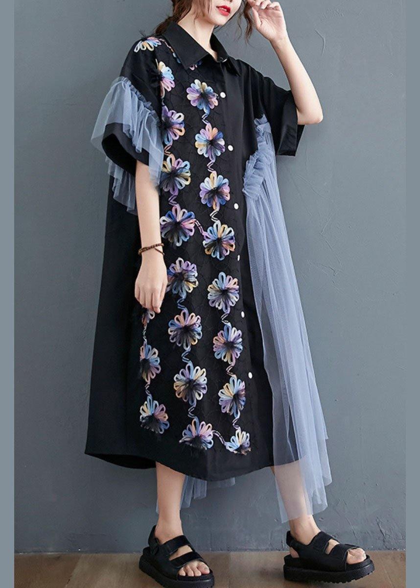 Black Patchwork Tulle Peter Pan Collar Summer Button Dresses Half Sleeve