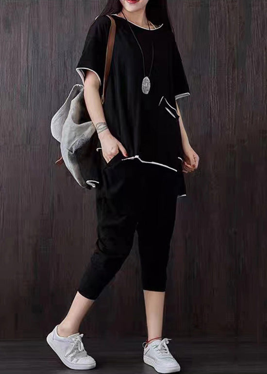 Black Pockets Patchwork Tops and Pants Cotton Two Piece Suit Set Summer