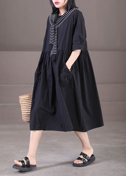 Black Sailor Collar Patchwork Cotton Pleated Dress Half Sleeve