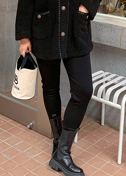 Black Slim Fit Thick Warm Fleece Pants Winter