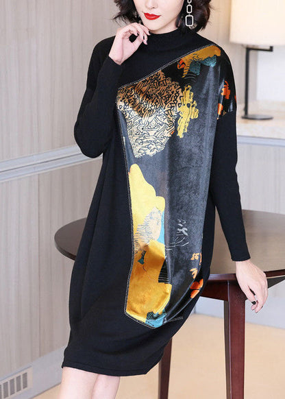 Black Stand Collar Asymmetrical Patchwork Print Knit Long Sweater Winter