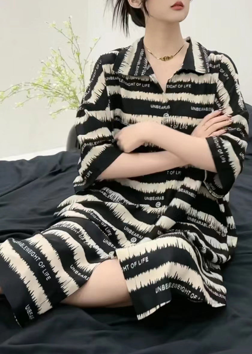 Black Striped Peter Pan Collar Ice Silk Mid Dress Short Sleeve