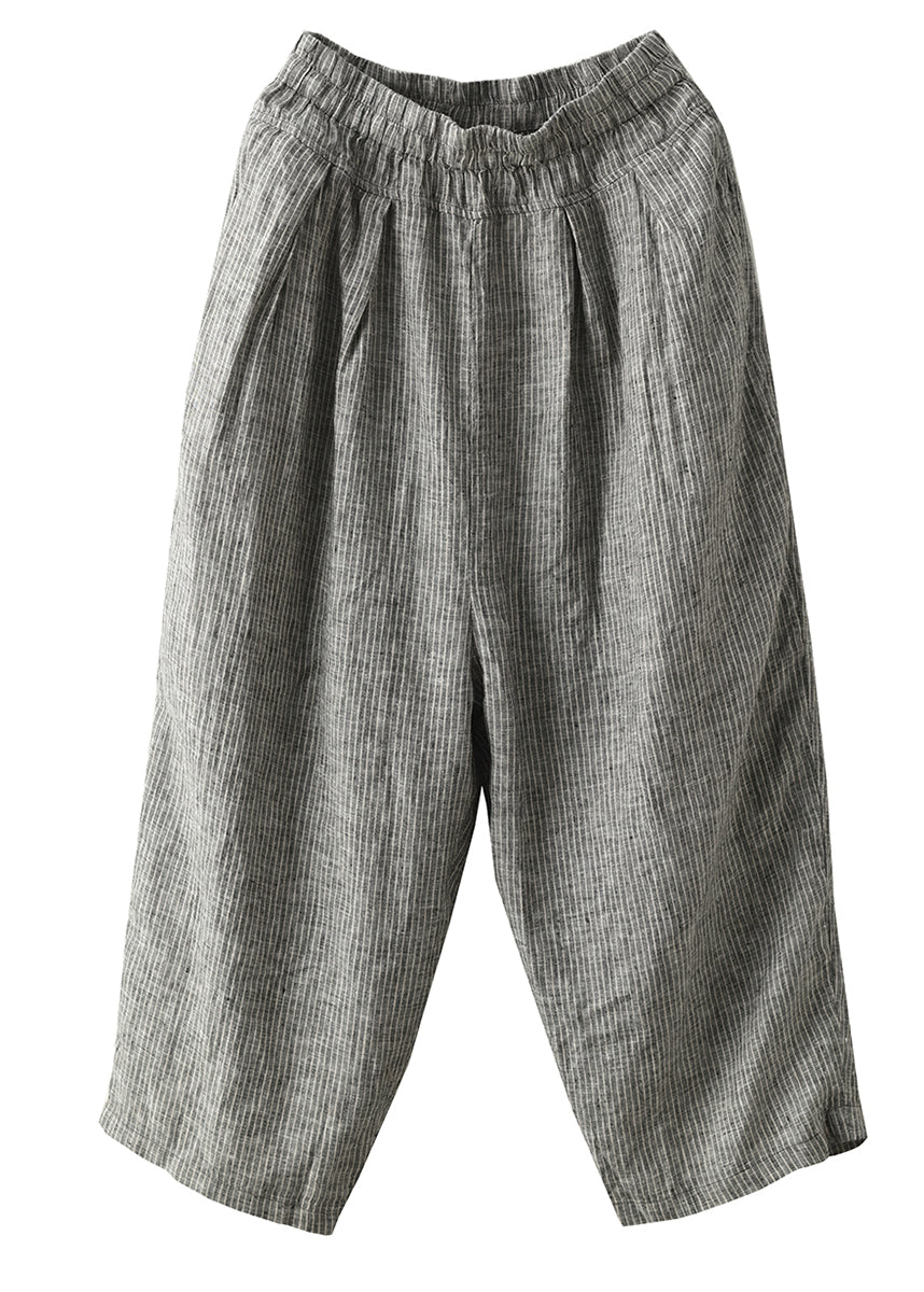 Black Striped Pockets Elastic Waist Linen Harem Pants Summer