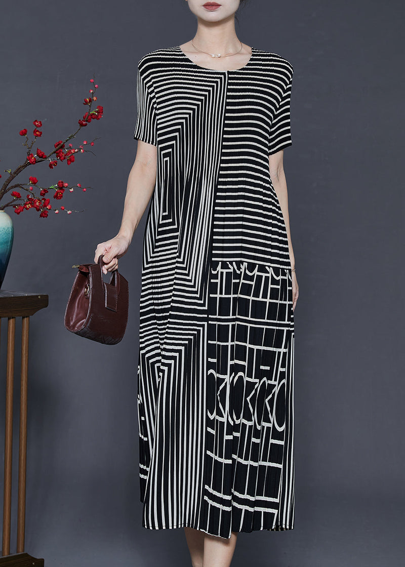 Black Striped Wrinkled Chiffon Long Dresses Summer
