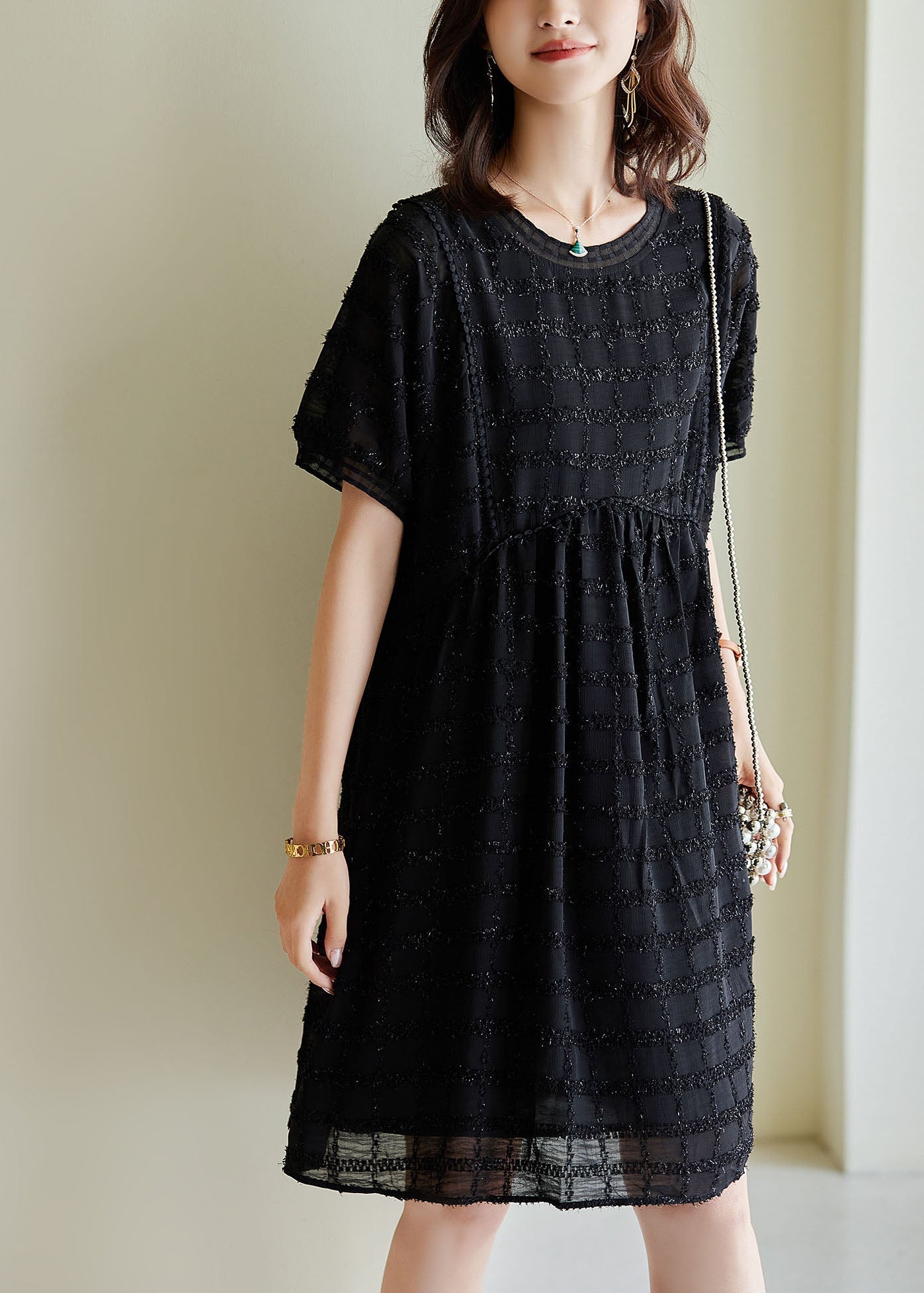 Black Tasseled Plaid Chiffon Dress Summer