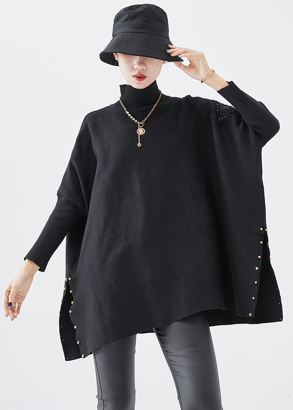 Black Turtle Neck Oversized Side Open Knit Top Fall