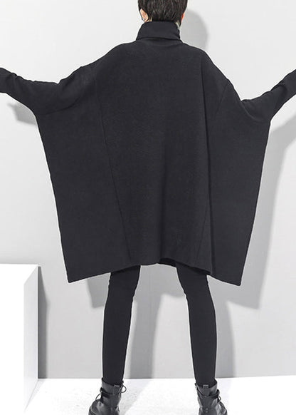 Black Turtleneck Knit Mid Dresses Batwing Sleeve