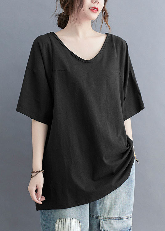 Black V Neck Patchwork Cotton T Shirt Tops Summer