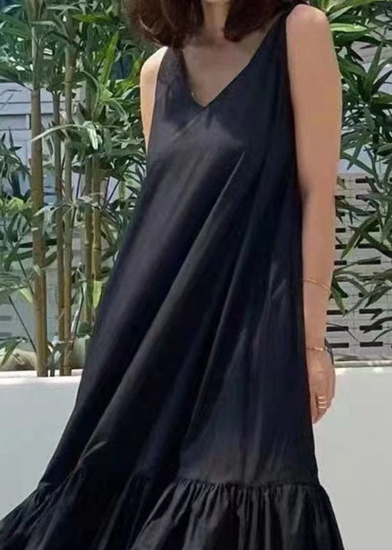 Black V Neck Patchwork Wrinkled Cotton Dress Summer