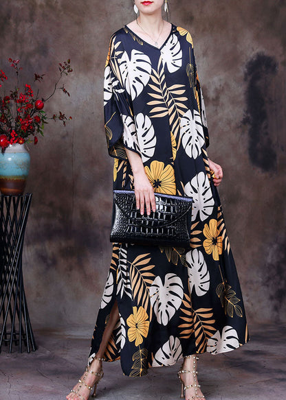 Black V Neck Print Side Open Sashes Silk Vacation Long Dress Bracelet Sleeve
