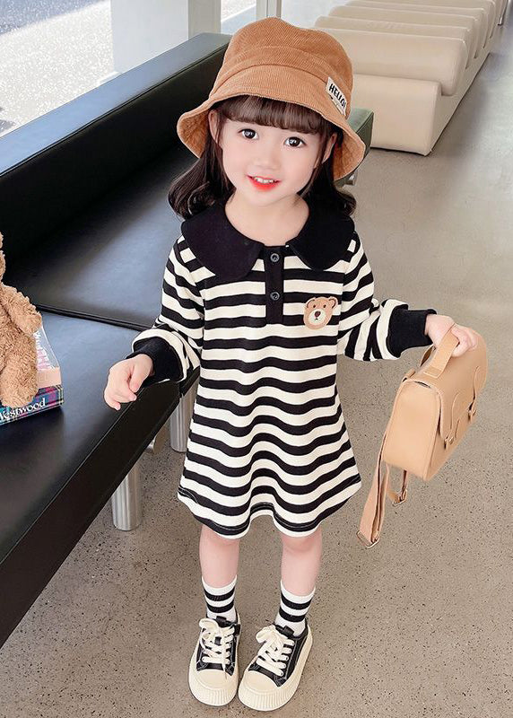 Black White Striped Peter Pan Collar Print Kids Mid Dress Fall