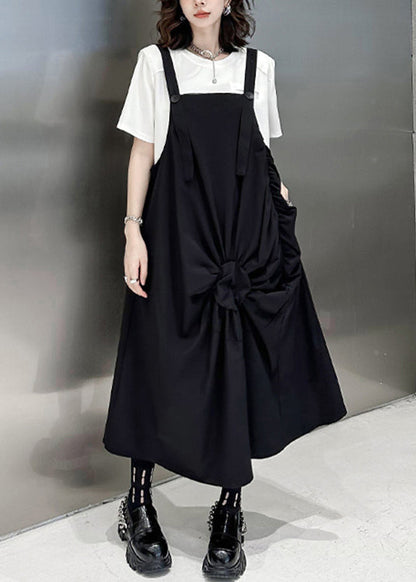 Black Wrinkled Pockets Patchwork Cotton Long Dresses Sleeveless