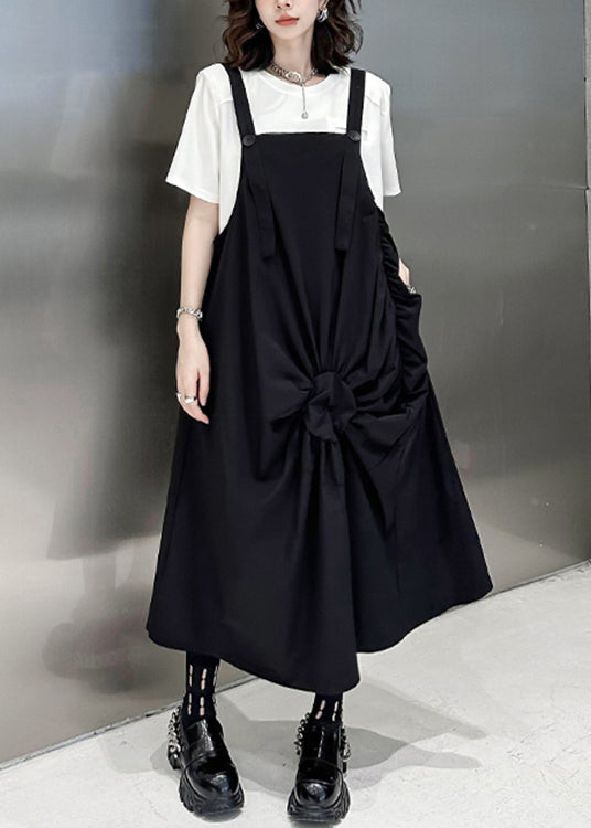 Black Wrinkled Pockets Patchwork Cotton Long Dresses Sleeveless