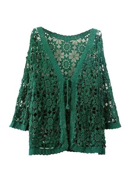 Blackish Green Hollow Out Patchwork Knitting Cotton Cardigan Fall