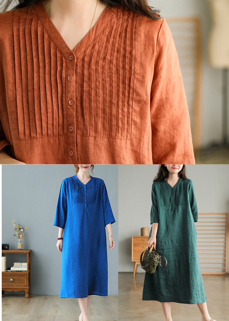 Blackish Green V Neck Linen Vacation Dresses Half Sleeve
