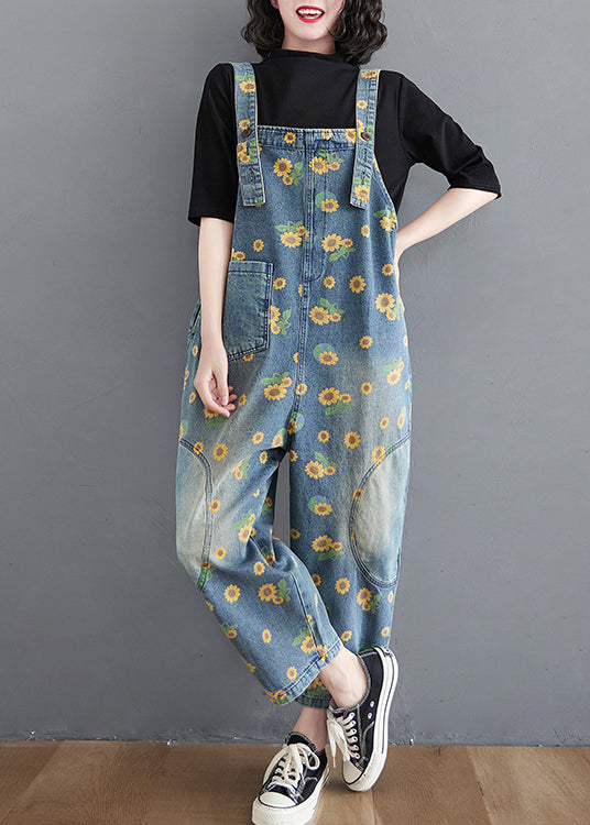 Blue Daisy Patchwork Pockets Denim Jumpsuit Summer