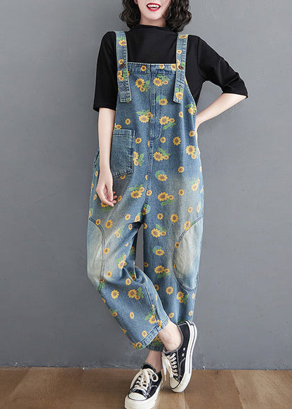 Blue Daisy Patchwork Pockets Denim Jumpsuit Summer