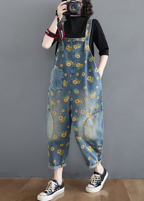 Blue Daisy Patchwork Pockets Denim Jumpsuit Summer