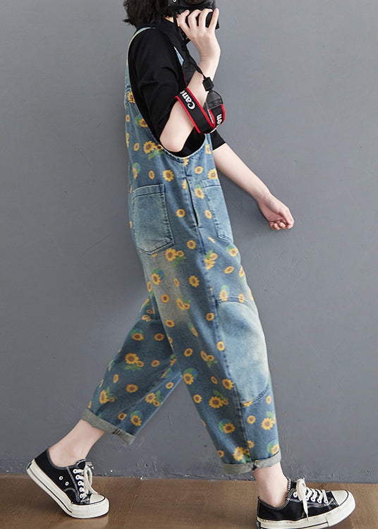 Blue Daisy Patchwork Pockets Denim Jumpsuit Summer