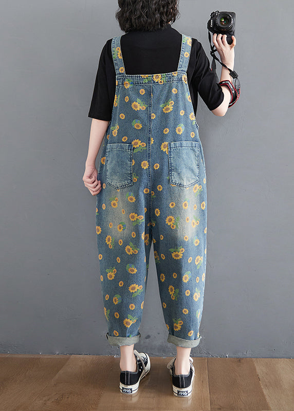 Blue Daisy Patchwork Pockets Denim Jumpsuit Summer