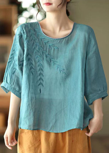 Blue Embroideried Patchwork Cotton T Shirt Half Sleever