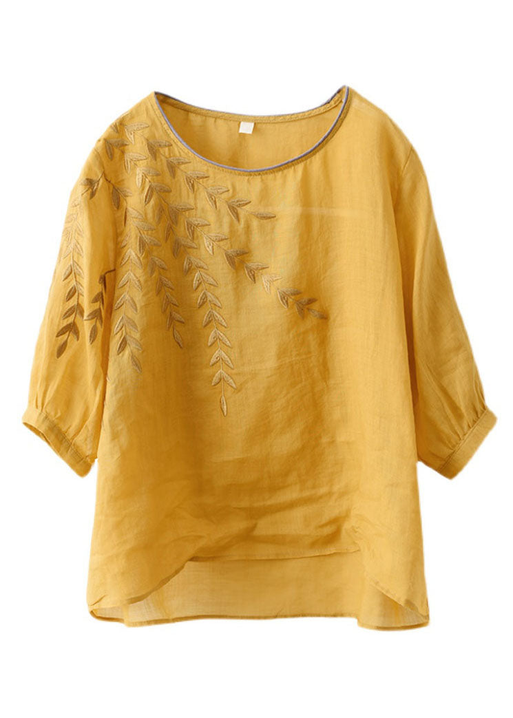 Blue Embroideried Patchwork Cotton T Shirt Half Sleever