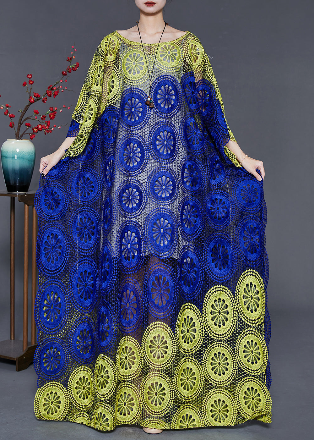 Blue Green Oversized Hollow Out Lace Dress Summer