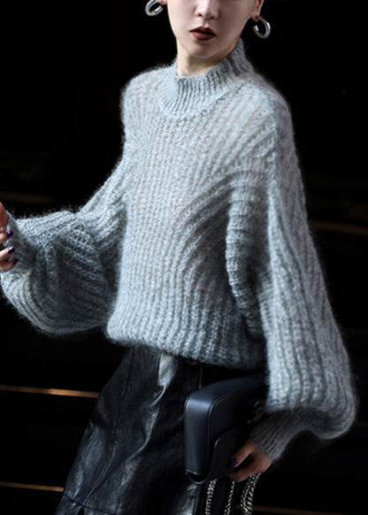 Blue O-neck Ma Hai Mao Knit Sweater Lantern Sleeve