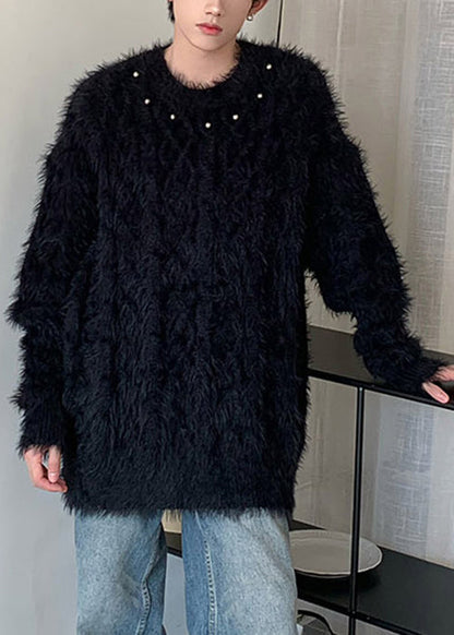 Blue O Neck Nail Bead Mink Hair Knitted Sweaters Winter
