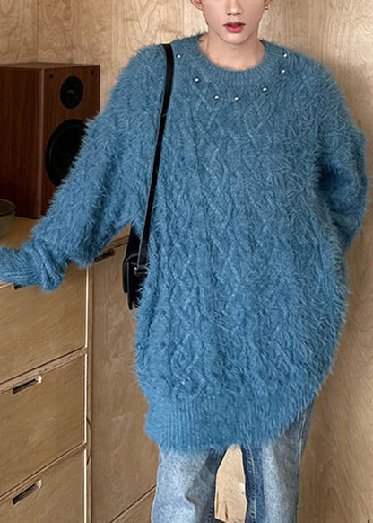 Blue O Neck Nail Bead Mink Hair Knitted Sweaters Winter